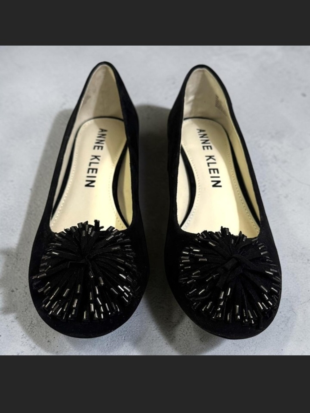 Anne Klein Black Suede Pom-Pom Detail Flats
